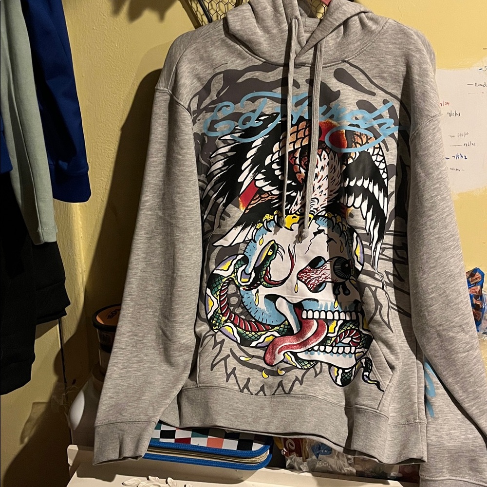 Ed Hardy Gray Hoodie with Colorful Graphic